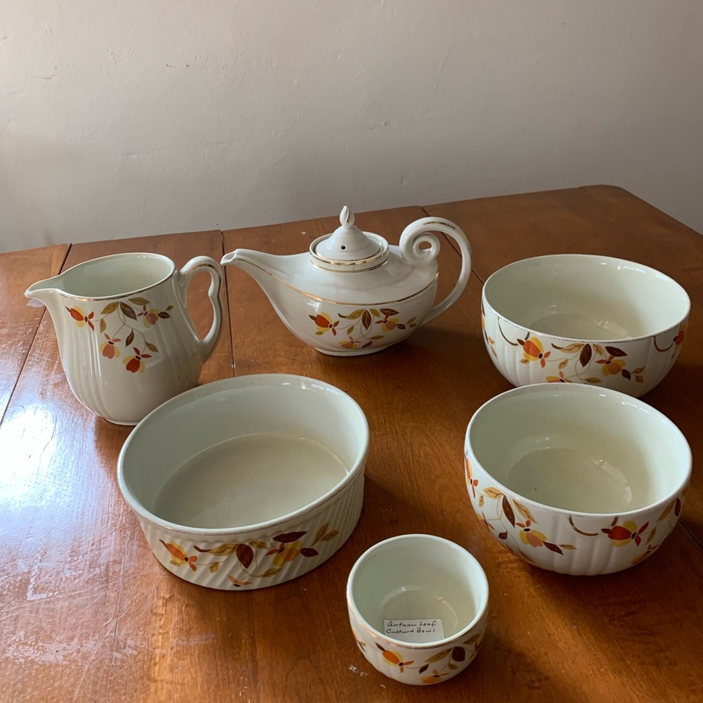 Vintage Autumn Leaf China Aladdin Tea Pot Nesting Bowls Soufflé Jug Pitcher.